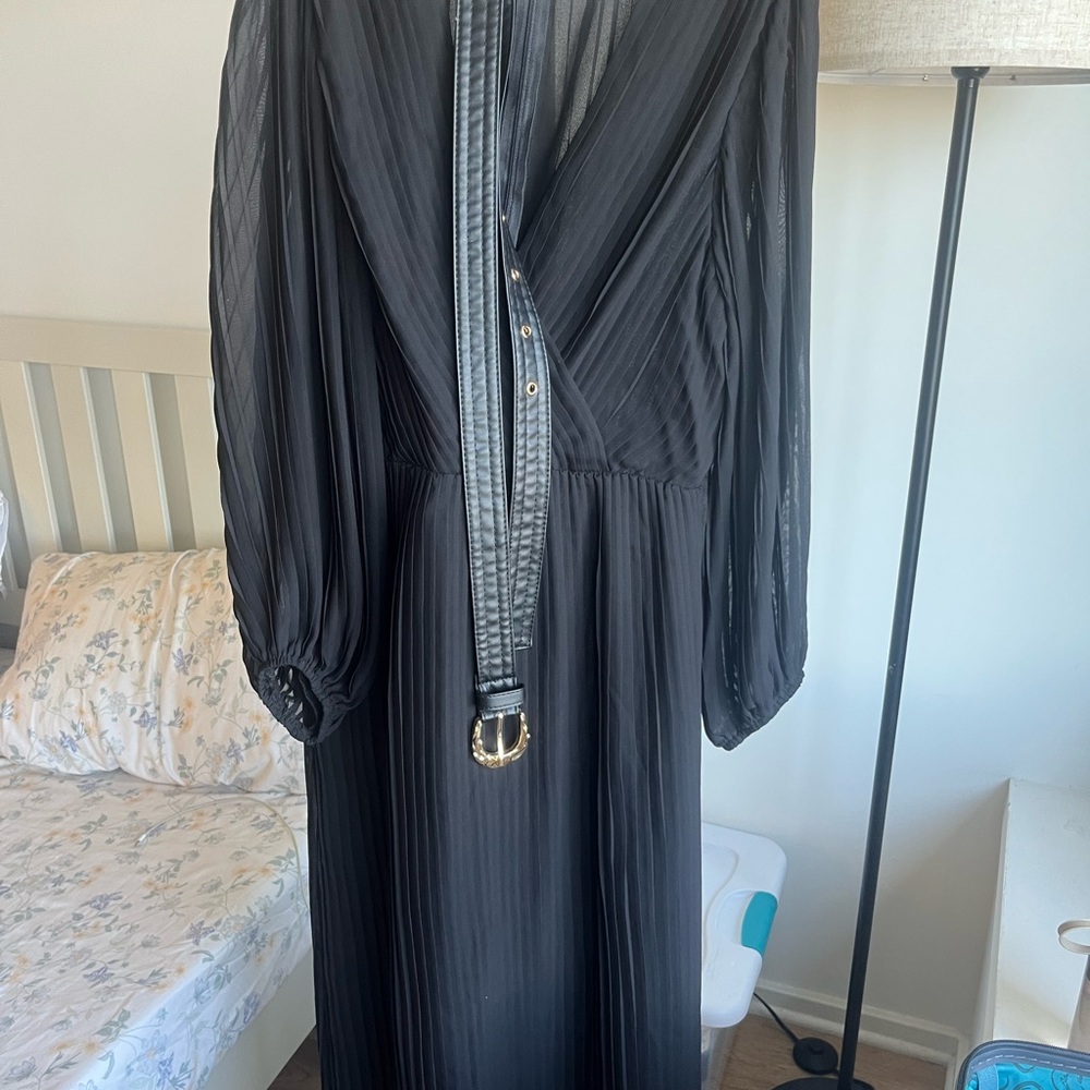Zara Black Pleated Midi Dress with Belt